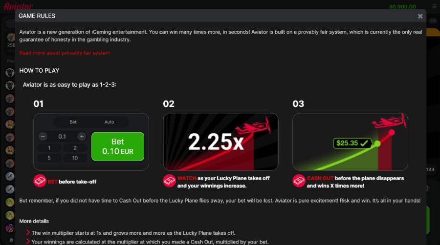 Aviator game rules screen: bet, watch, then cash out