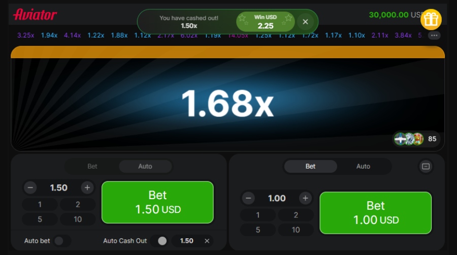 Aviator Auto Cash Out set to 1.50x after a cashed-out win