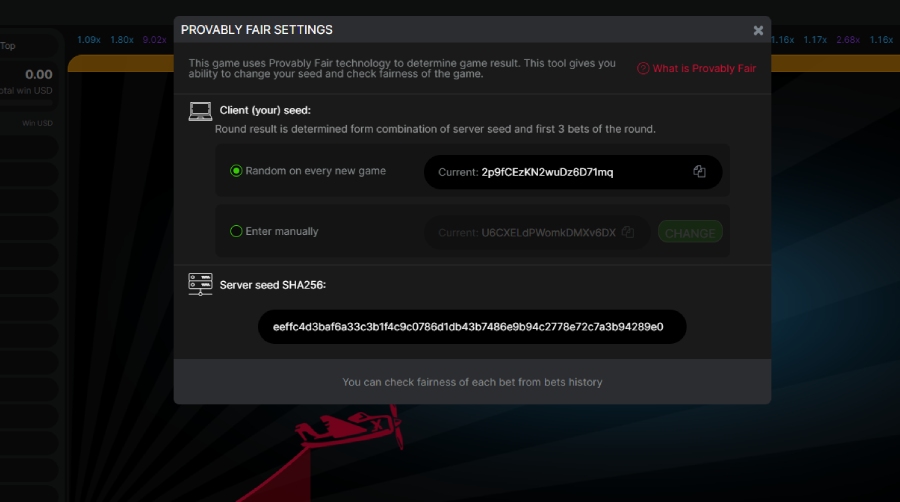 Aviator provably fair settings showing the server and client seeds
