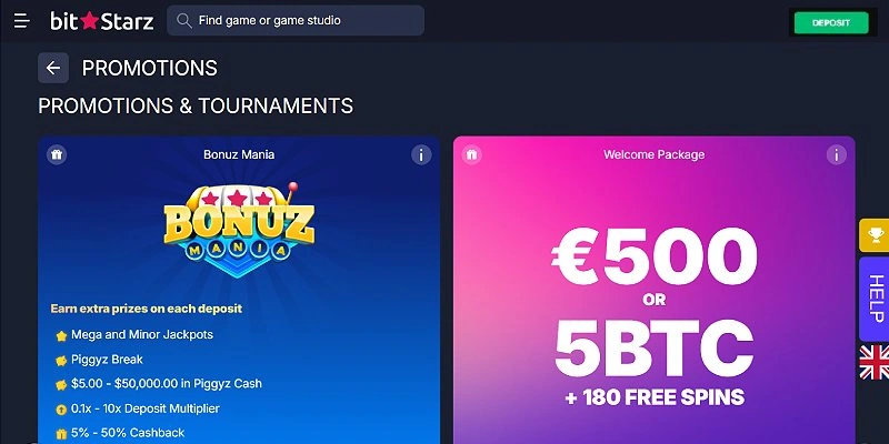 BitStarz promotions and tournaments page with the Welcome Package and Bonuz Mania offers