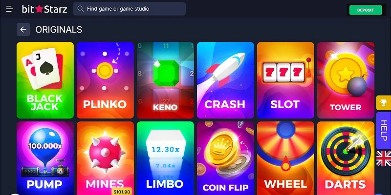 BitStarz Originals lobby with provably fair Crash, Plinko, Mines, Limbo and Dice games