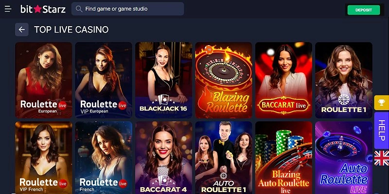 BitStarz live casino lobby with live roulette, blackjack and baccarat tables and real dealers