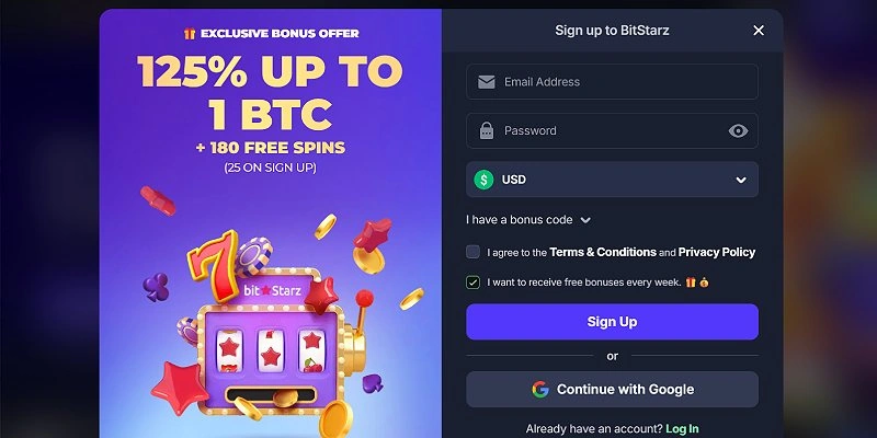 BitStarz sign-up window showing the 125% up to 1 BTC plus 180 free spins welcome offer
