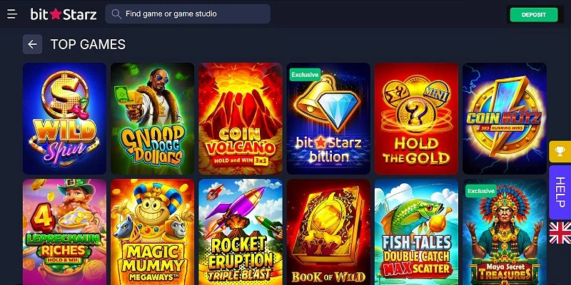 BitStarz top slots lobby featuring Wild Spin, Coin Volcano and Megaways titles