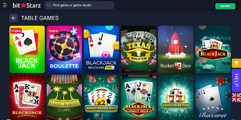 BitStarz table games lobby with blackjack, roulette, Texas Hold'em and baccarat variants