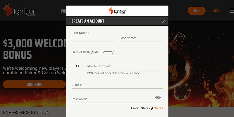Ignition Casino create-account form asking for name, date of birth, phone and email
