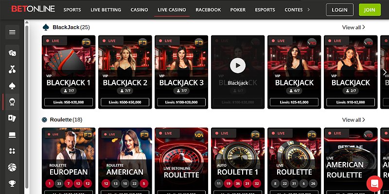 BetOnline live casino with multiple live blackjack and roulette tables