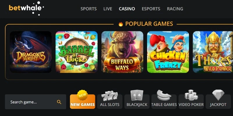 BetWhale casino lobby showing popular slots and game category filters
