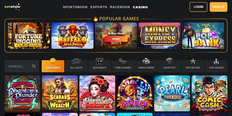 BetWhale casino lobby showing popular slots and game category filters