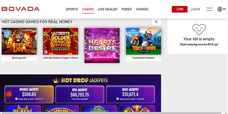Bovada casino lobby with real-money slots and Hot Drop Jackpots totals