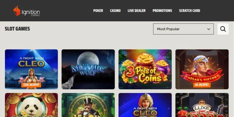 Ignition Casino slots lobby featuring its hottest casino games