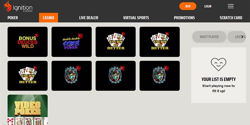 Ignition Casino video poker games including Jacks or Better and Bonus Deuces Wild