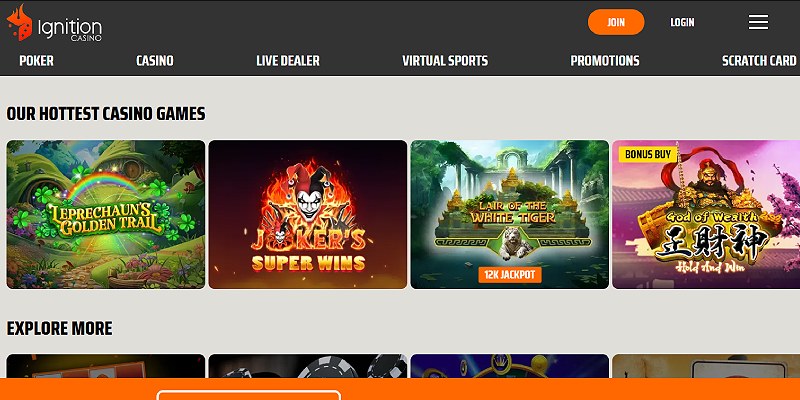 Ignition Casino slots lobby featuring its hottest casino games