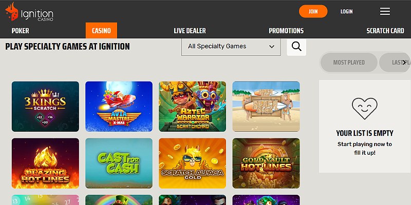 Ignition Casino specialty games lobby with scratch cards and instant-win titles