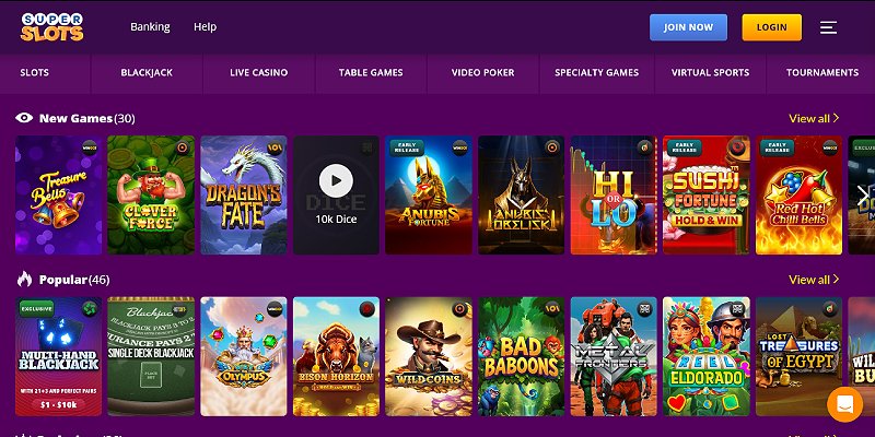 Super Slots casino lobby with New Games and Popular slot rows