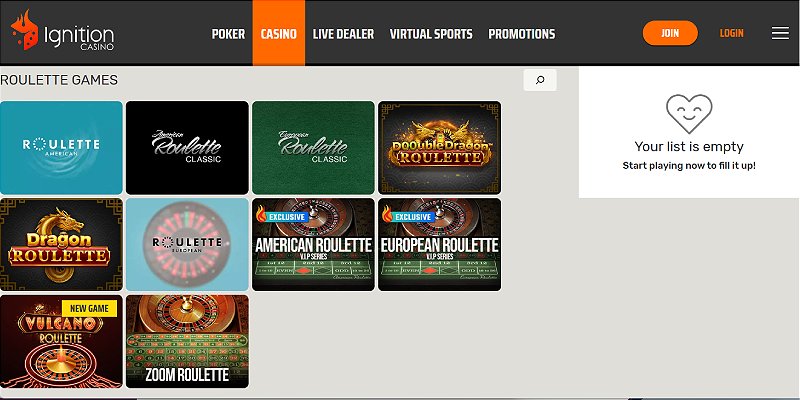 Ignition Casino RNG roulette lobby with American, European and Double Dragon variants