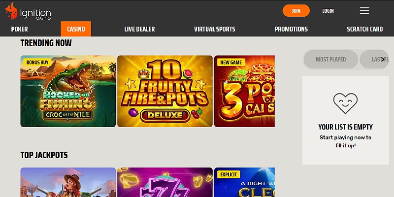 Ignition Casino homepage showing the Trending Now and Top Jackpots slot rows