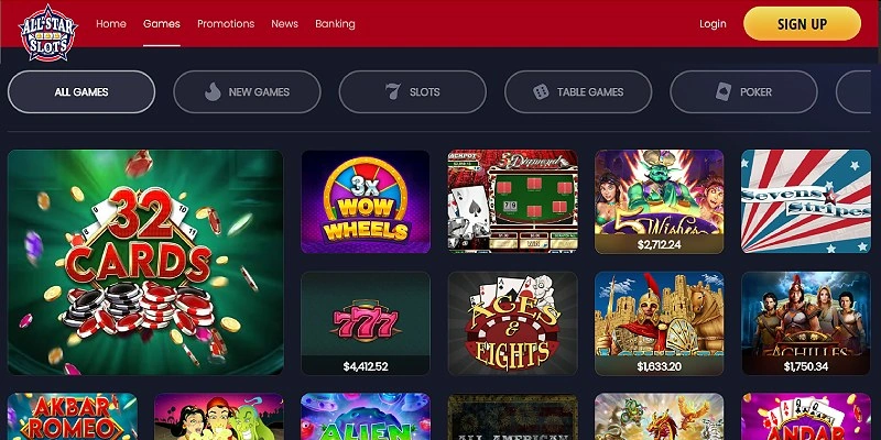 All Star Slots casino lobby with slot and table game tiles