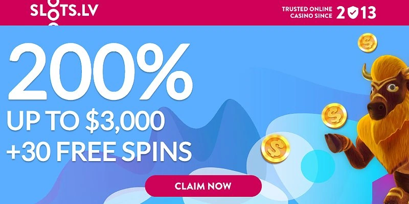 Slots.lv 200% up to $3,000 plus 30 free spins welcome bonus banner