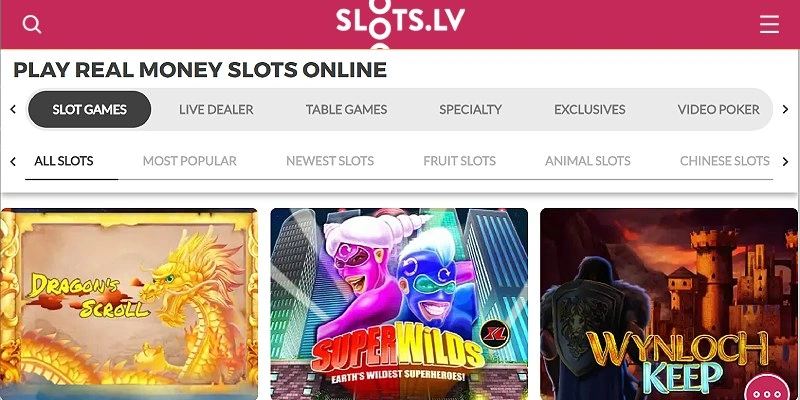 Slots.lv real-money online slots lobby with game thumbnails and category filters