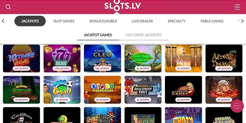 Slots.lv Hot Drop Jackpots lobby showing hourly, daily and epic jackpot slots
