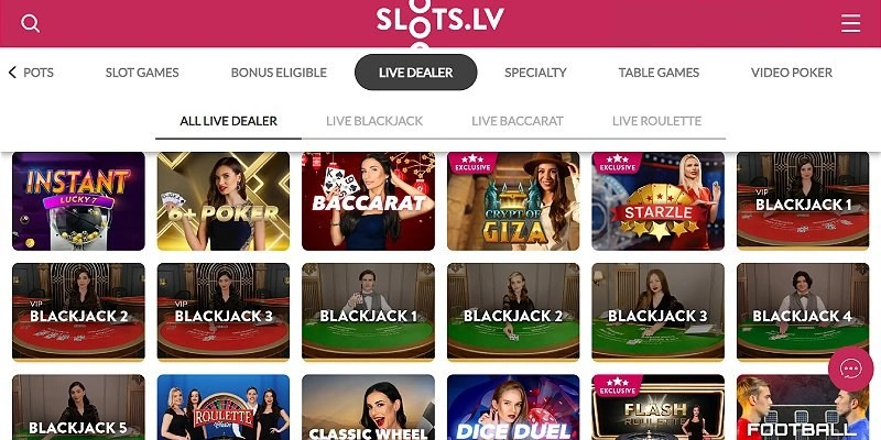 Slots.lv live dealer lobby with live blackjack, baccarat and roulette tables