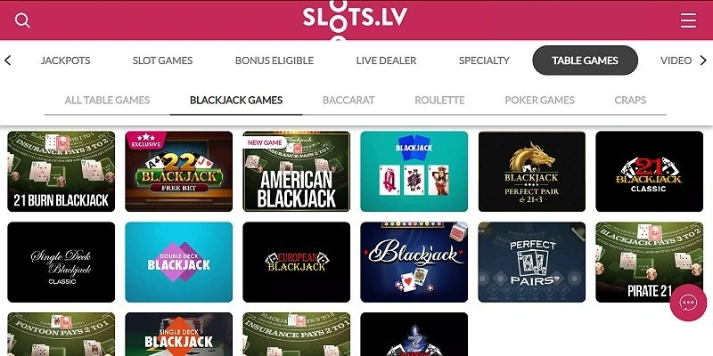 Slots.lv table games lobby listing blackjack, 21 Burn and baccarat variants
