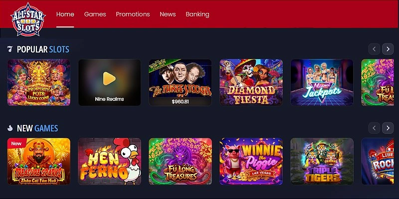All Star Slots casino lobby with popular and new slot tiles