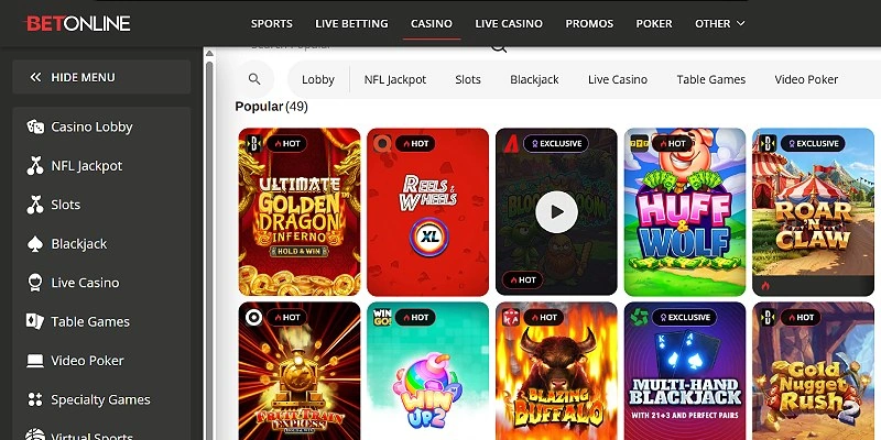 BetOnline casino lobby with popular slots and the game-category side menu