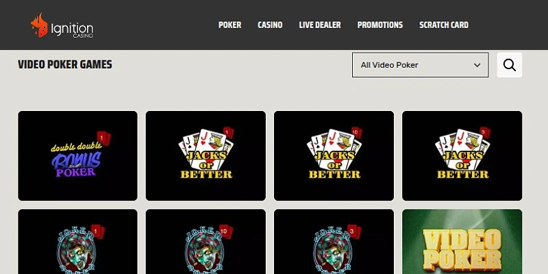 Ignition Casino video poker lobby with Double Double Bonus and Jacks or Better