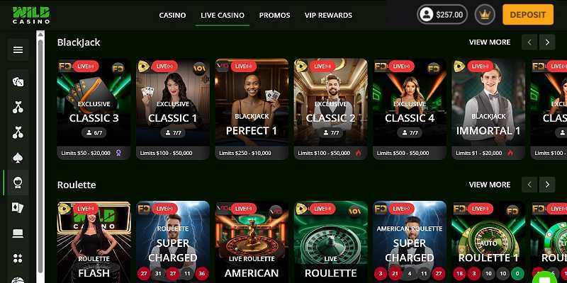 Wild Casino live dealer lobby with live blackjack and roulette tables