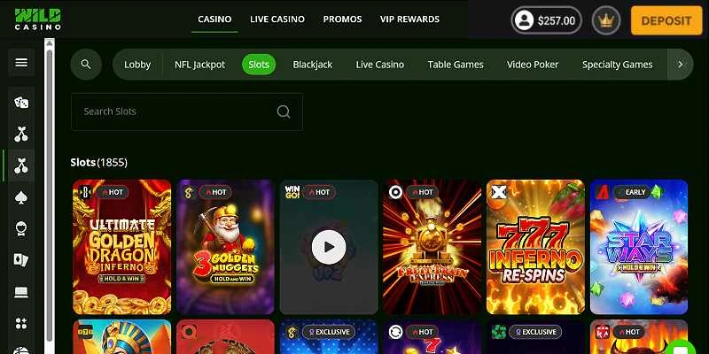Wild Casino online slots lobby with jackpot and featured slot tiles