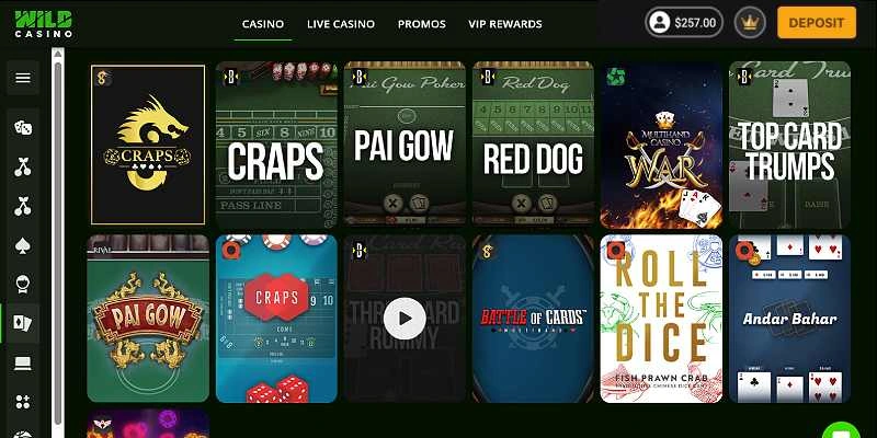Wild Casino table games lobby with craps, Pai Gow, Red Dog and card games